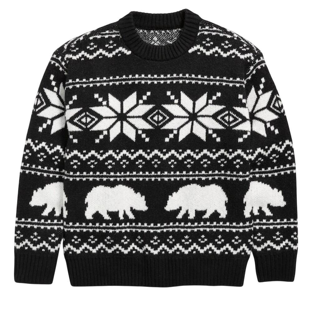 Old Navy NWT Black White Polar Bear Fair Isle Intarsia Knit Sweater XL Tall